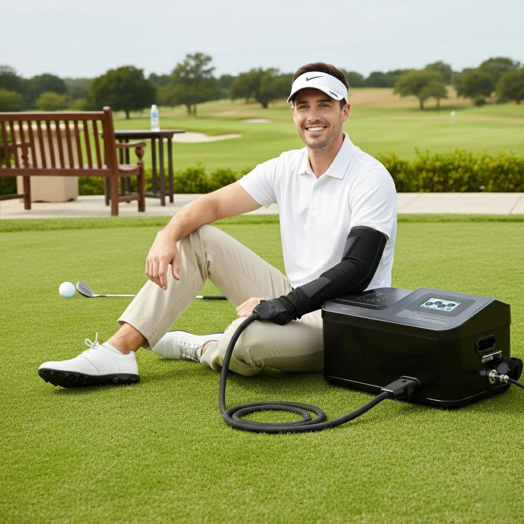 Mașină de terapie prin compresie caldă și rece fără gheață pentru ușurarea durerii de cot la jucătorii de golf