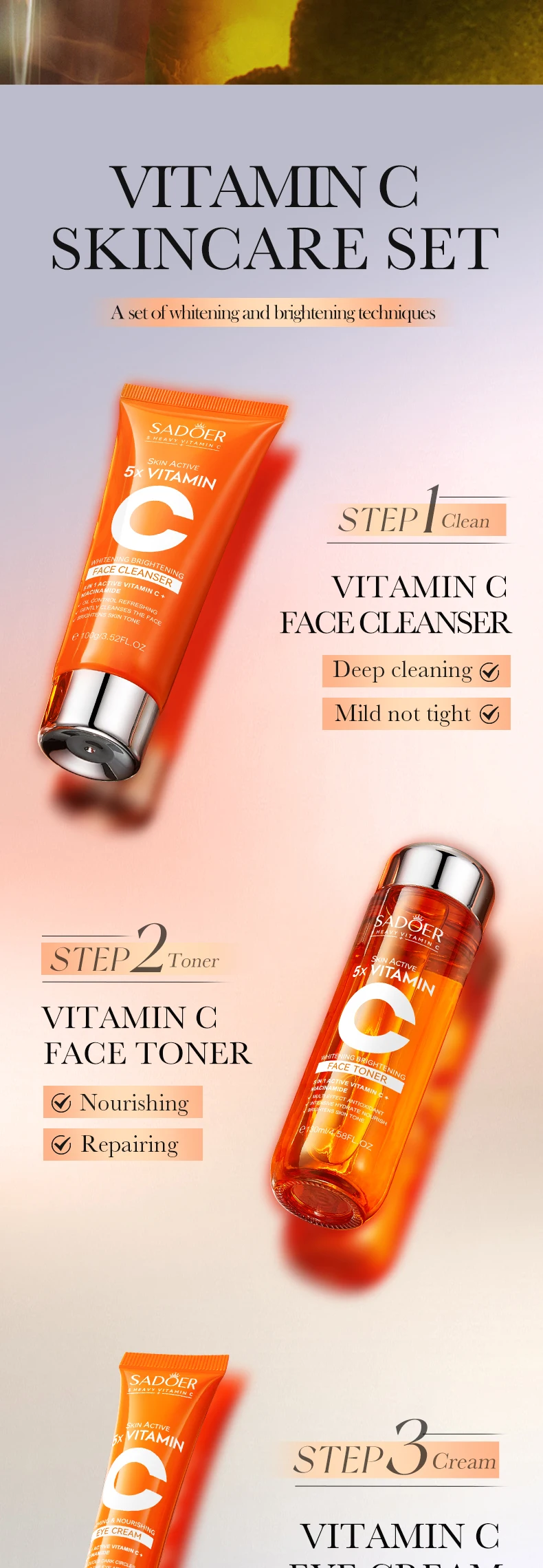 OEM SADOER Organic VC facial serum Brightening Hydrating 5 In 1 Set Vitamin C Large Kit Care Face skin care set details