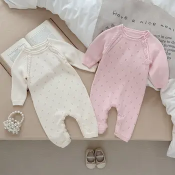 Super Cute Crawling Suit for Baby Girls Ins Spring Autumn Infant Clothes Toddler Solid Color Knitted Cotton Comfortable Rompers