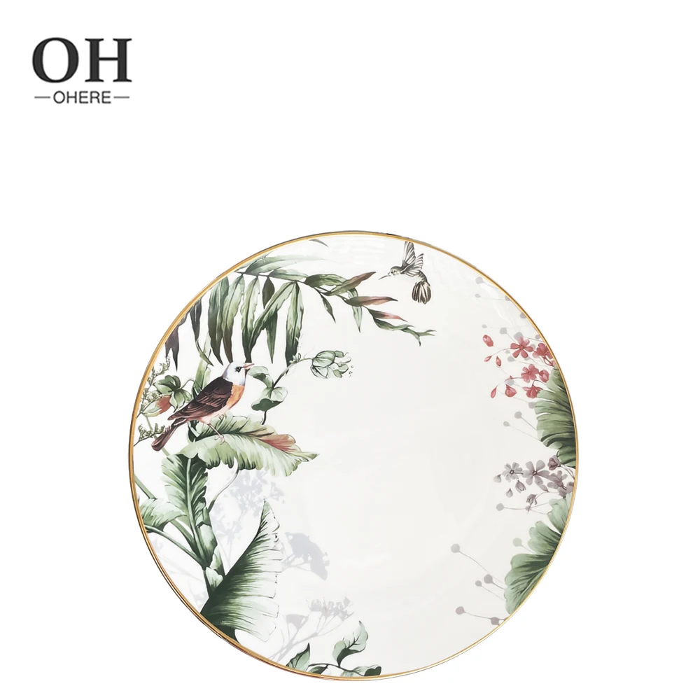Ohere Customized Green Bone China Dinner Set Wedding Lovely Bird Dinnerware Sets for Event&Catering