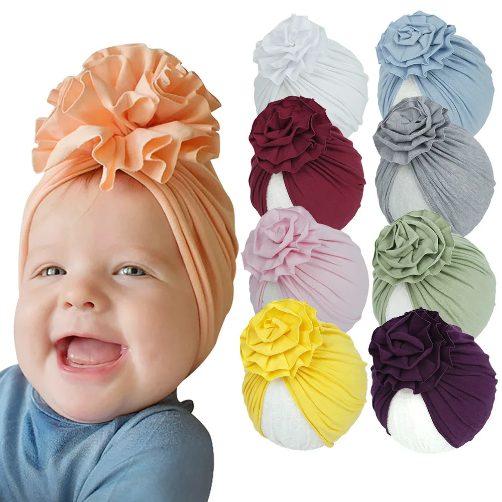 Girls Ruffle Flower Cute Baby Cap Kids Baby Turban Beanie Hat Knotted Headband 