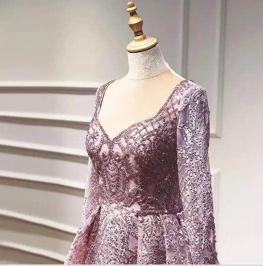 Pink/Blue Lace Ball Gown 2020 New Style Long Sleeve Prom Dress Fashion  Designer Real Photo Women's Evening Dresses Gowns
