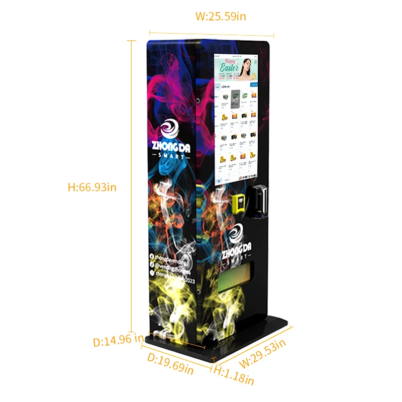 21+ Age Check Tobacco Vending Machine Wall Mounted QR Code Payment  Integration SDK Enabled Cloud-Based Management Touchscreen