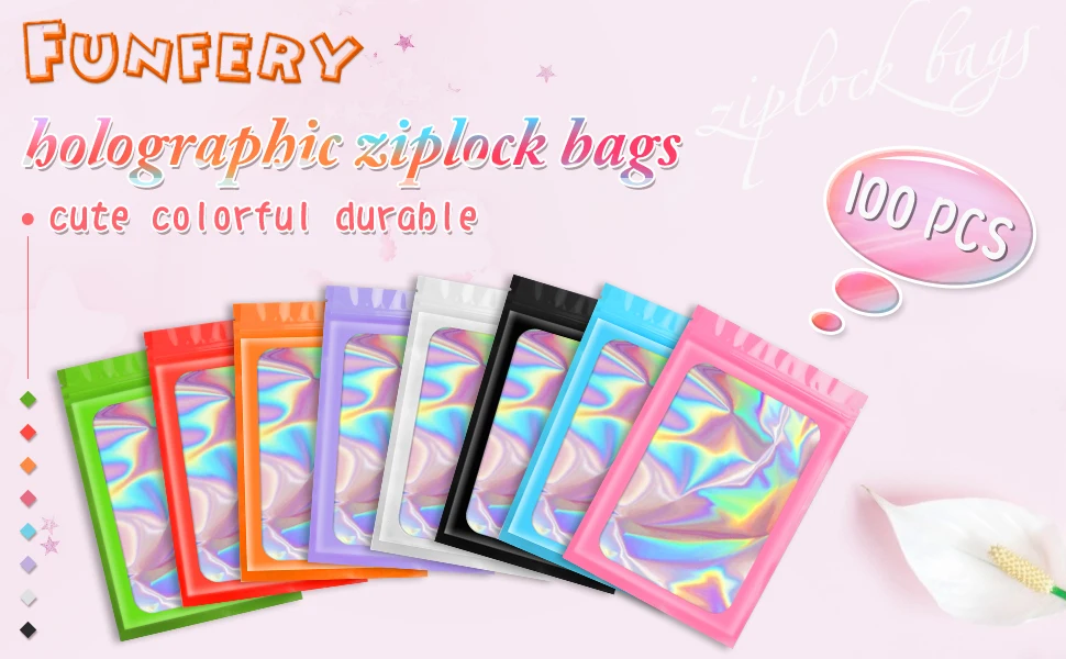Resealable Ziplock Small Business Sealable Plastic Bag Custom Print White Black Pink Holographic Mylar Packaging