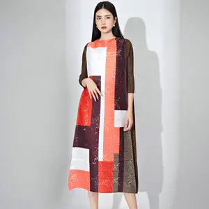 Miyake Women's Plus Size Pleated Dress 2025 European and American Fashion Extra Large Size Casual Dress With Print