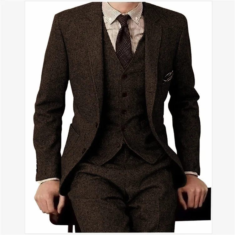 Herringbone Tweed Men Slim Fit Suits Winter Wool Fashion Groom Tuxedos New Design Blazer Vest Pants Men 3 Piece Suits