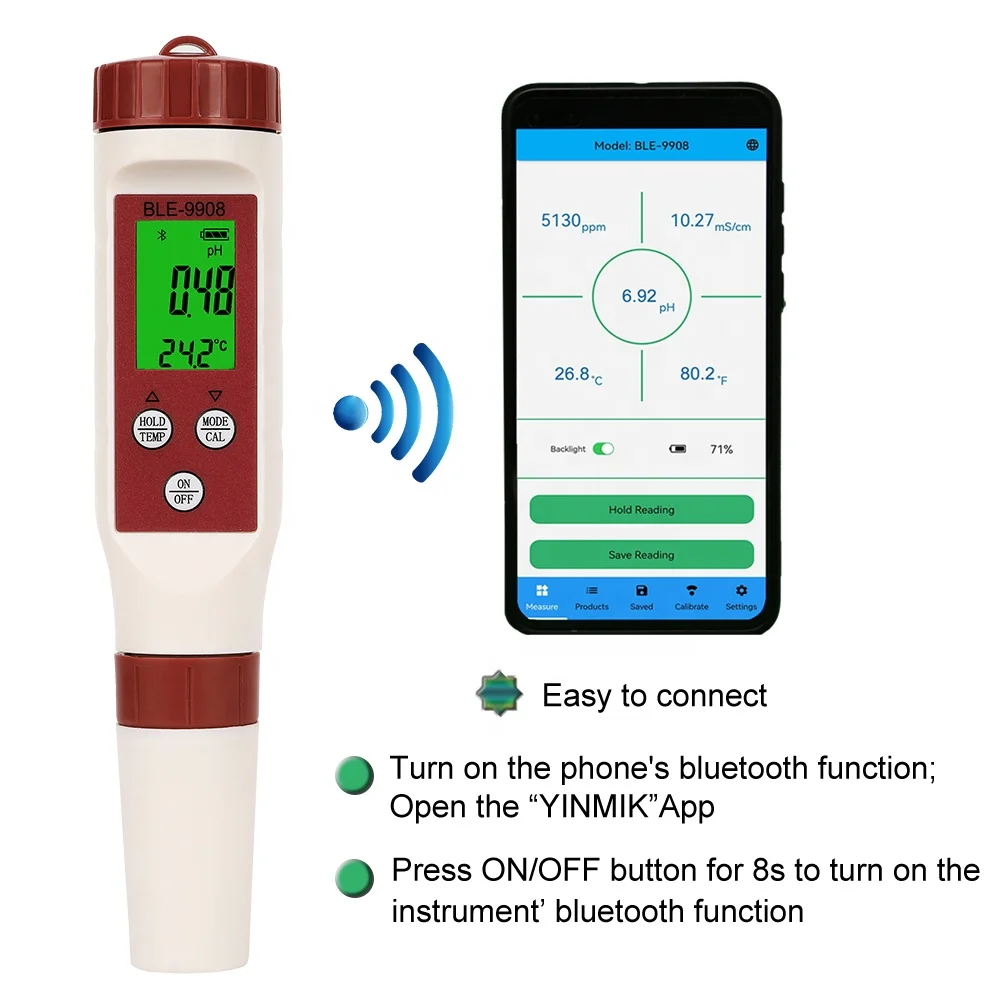 Bluetooth 4 In 1 Ph Ec Tds Meter Digital Ph Test Liquid Tester ...
