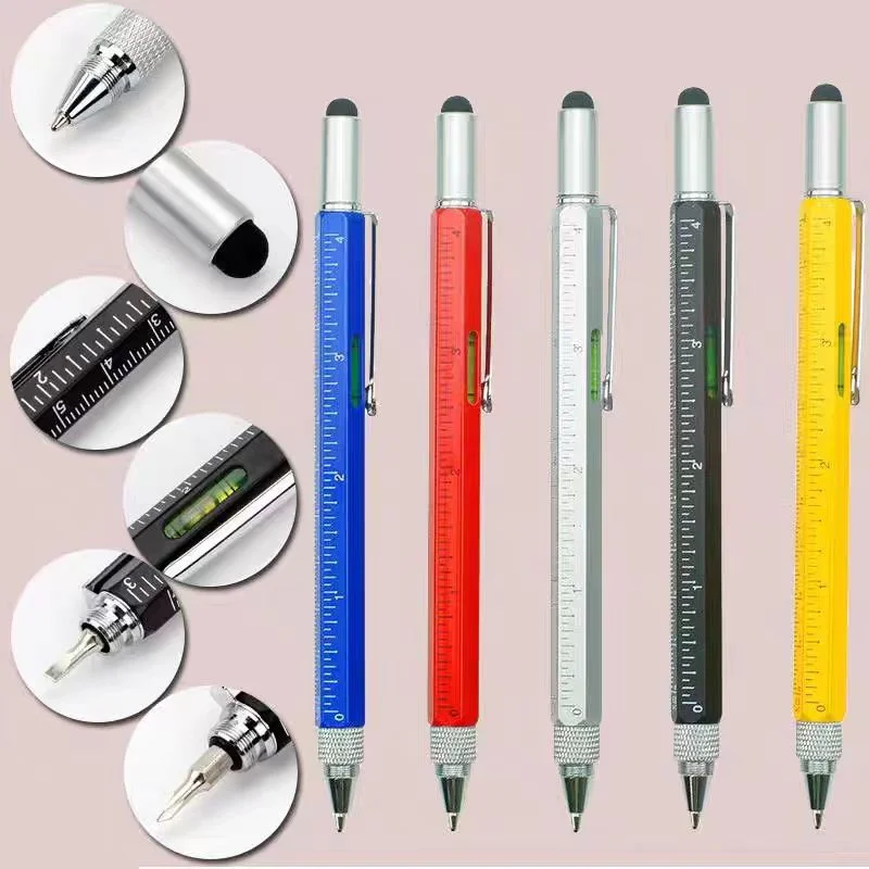 6 in 1 Multifunctional Tool Ballpoint Pen With Ruler Level Cross Flat Head Screwdriver Touch Screen Pocket Multitool Pen