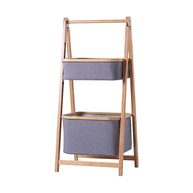 Cheap 2 Tier Laundry Storage Basket Rack Bamboo Laundry Hamper with Removable Fabric Basket