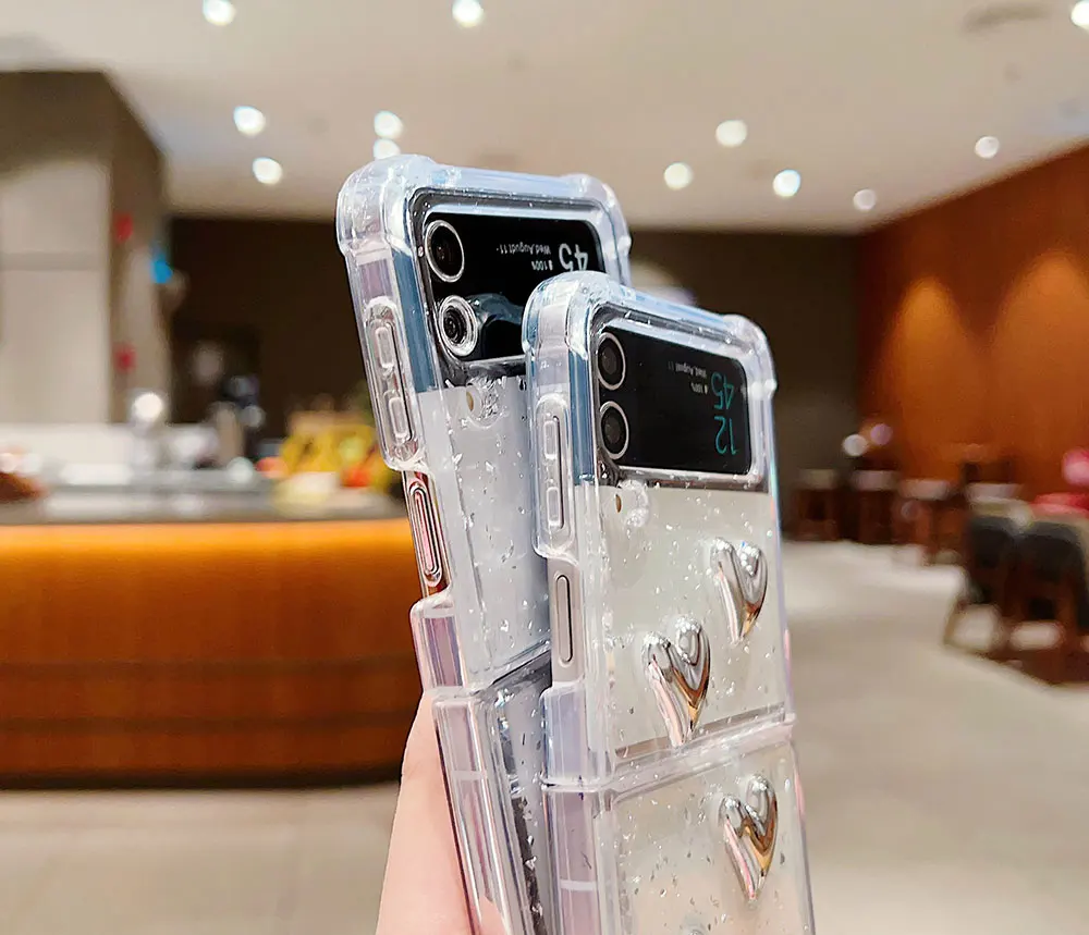 Electroplate Phone Case For Galaxy Z Flip5 Flip4 Flip3 5G Flip Glitter Clear Love Heart Sjk195 Laudtec supplier