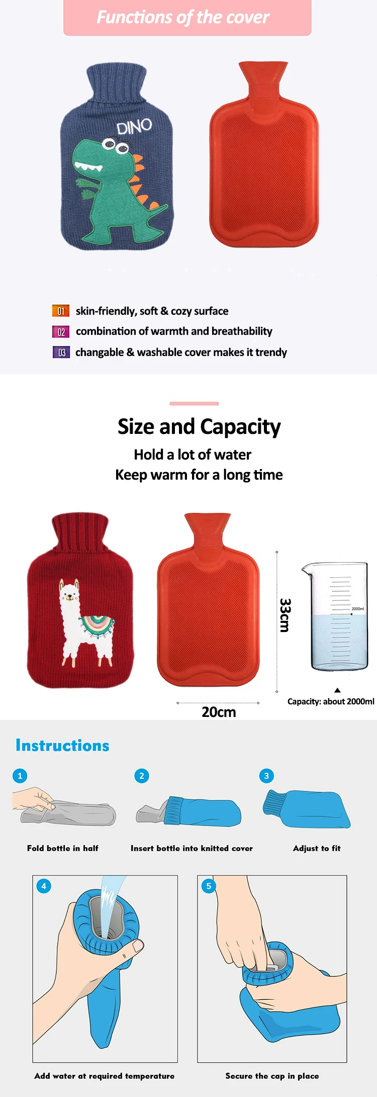 new design factory wholesale rubber hot water bag 2 liter hot water bottle custom knitted covers for sample