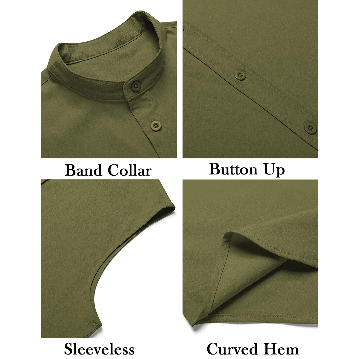 Desgin Men’s Polyester Cotton Blank Sleeveless T-Shirt Button up Band Collar Curved Hem Regular Fit Tank Top