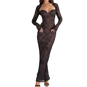 Customize Sexy Simple Breathable Ladies Black Lace Print Midi Evening Dresses for Women with Natural Waistline Pencil Silhouette
