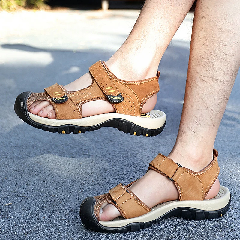 Factory Supply OEM Service Hand Made Genuine Leather Toe Protect Sport Hiking Summer Sandals For Men