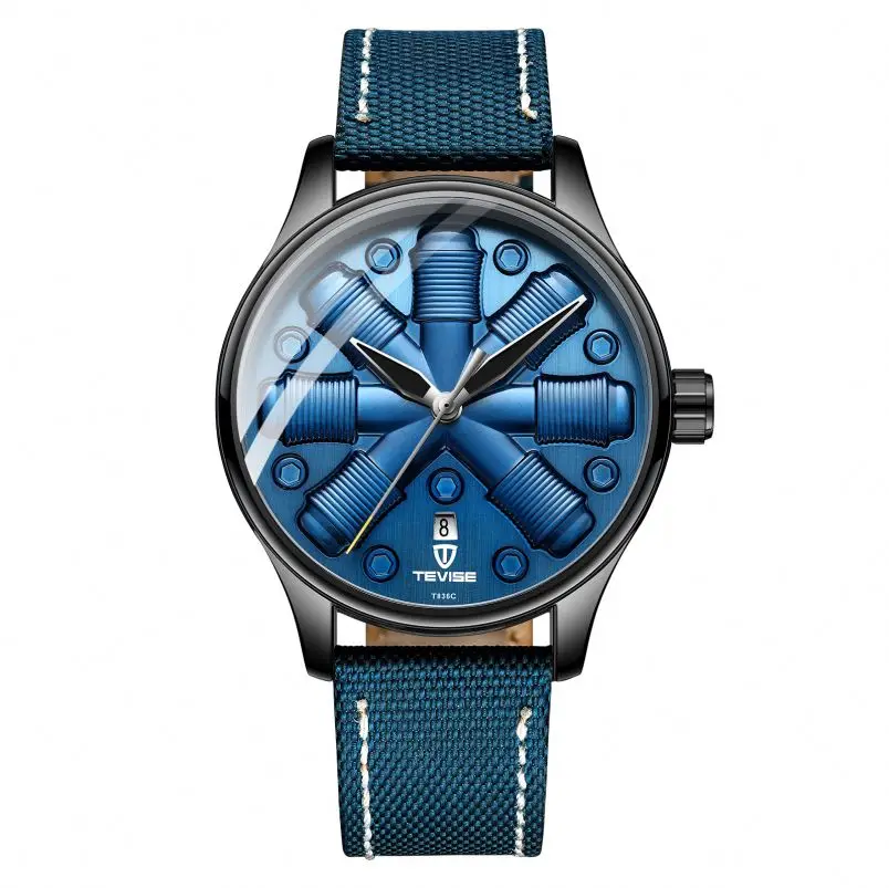TEVISE T836C Beautiful Blue Universe Mechanical Watch Costume Genuine Leather Strap Luminous Water Proof All Type Casual Watch
