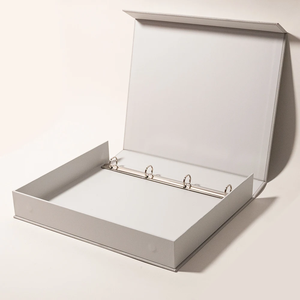 Luxury Custom White Linen Cover Book 4 Rings D-ring View Binder in Box Coffee Table Photo Book Album File Box