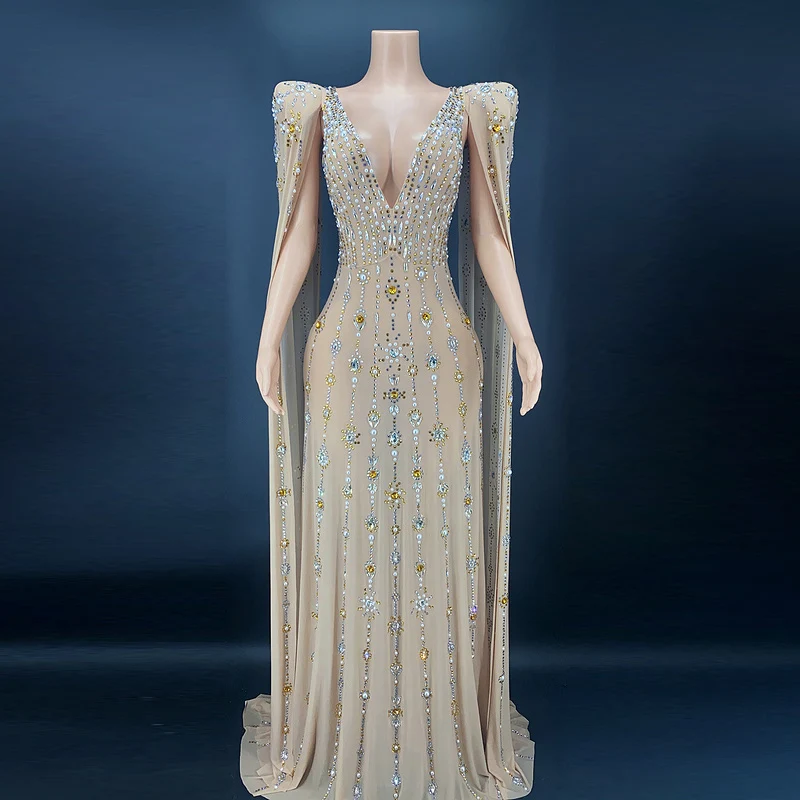 elegant dress for award ceremony Luxury Beaded Tassel Black Evening Dress with Straps Cape SS294 – DreamyVow main image 0