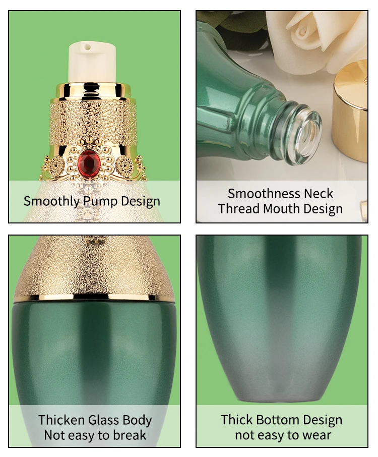 Custom unique luxury skincare packaging green gradient empty glass cosmetic lotion pump bottle set and jar factory