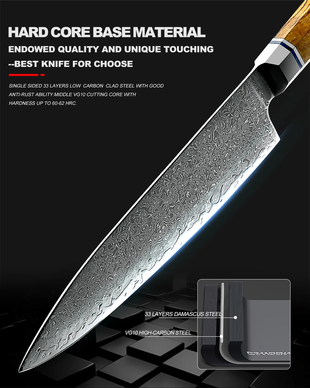 大锐器碳钢67层大马士革厨师骨感切菜刀厨刀vg10日本大马士革刀具