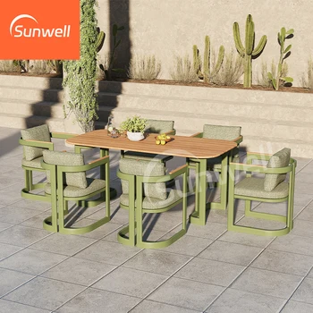 Contemporary 6 Piece Outdoor Dining Table Bistro Chair Set Modern Style Aluminum Teak Table and Chairs for Hotel Project