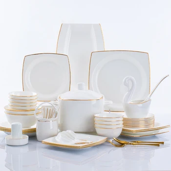 56pcs 60pcs Home Use White Body Gold Rim Ceramic Plates Sets Dinnerware Tableware Square Plate Luxury