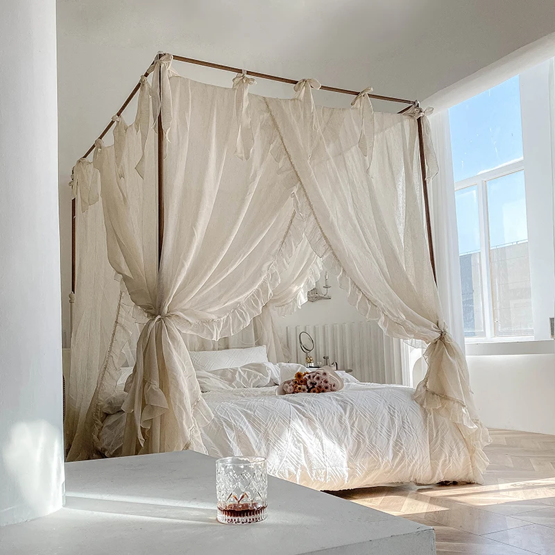 Summer New Japanese Style Simple Senior Princess Ins Style Linen Wind Floor Rail square Top Bed Curtain Bracket Mosquito Net