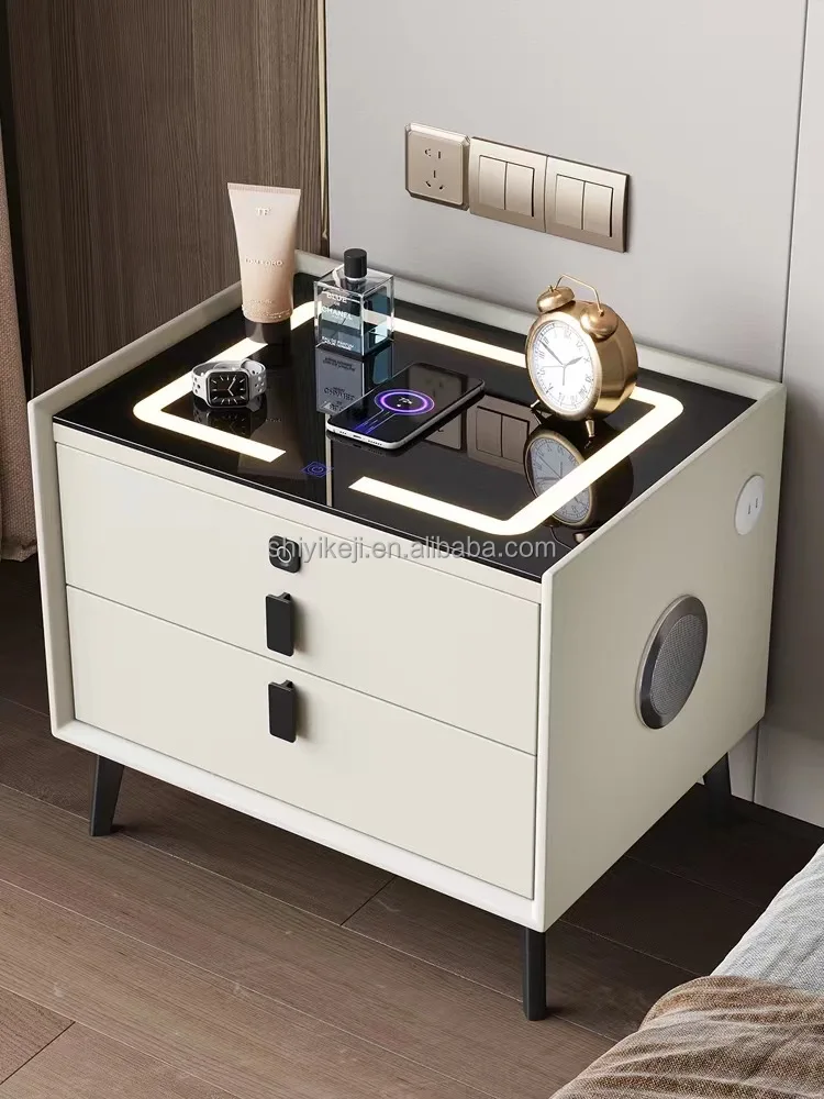 Smart Bedside Table Solid Wood Multifunctional Minimalist Style Three Color Light Usb Bedside 2080