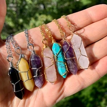 hot sale Natural gemstone healing crystal spiritual necklace Hand Wire Wrap Crystal Pendulum Point Pendant Necklace women