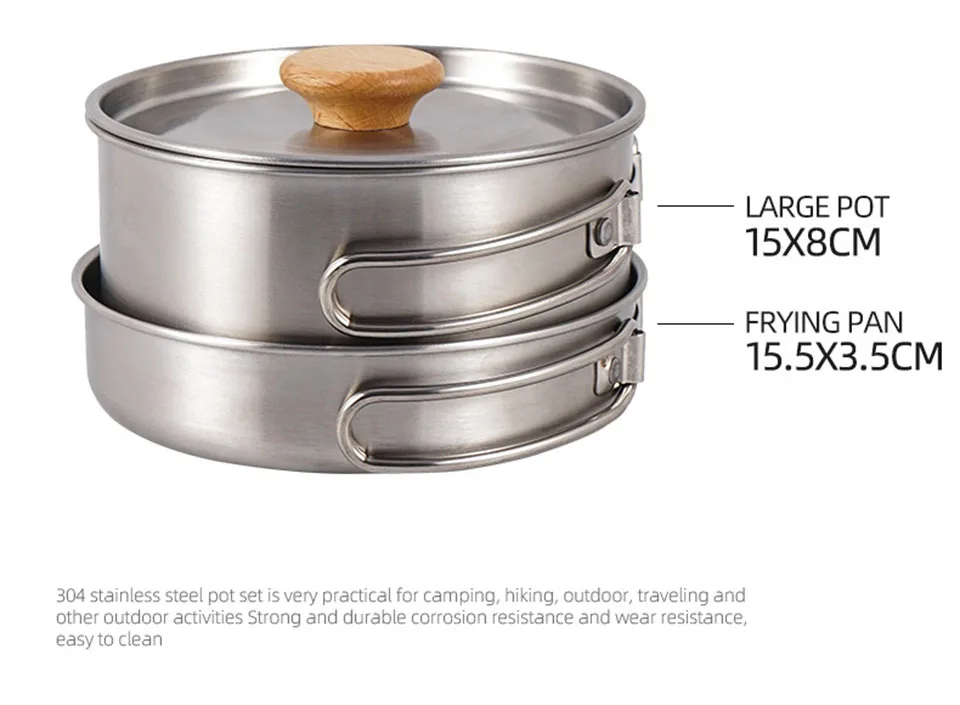 2pcs Outdoor Cooking Pots Set Stainless Steel Folding Handle Camping