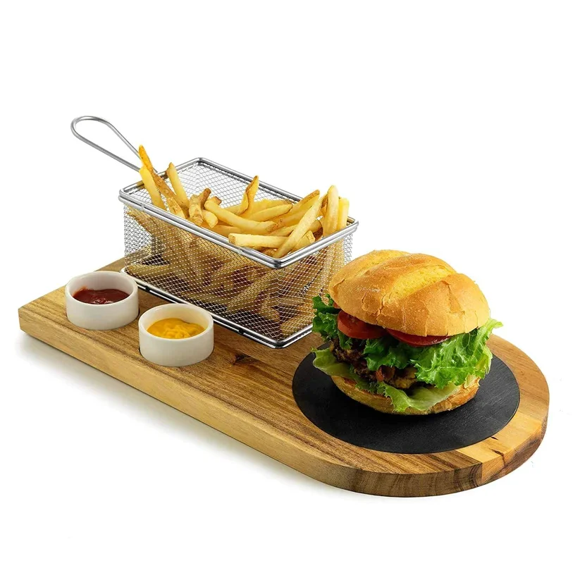 Burger Board Set Wooden Burger Plates Platter Lovers Customized Steak Plate Burger coaster BBQ Serving Board With Handle