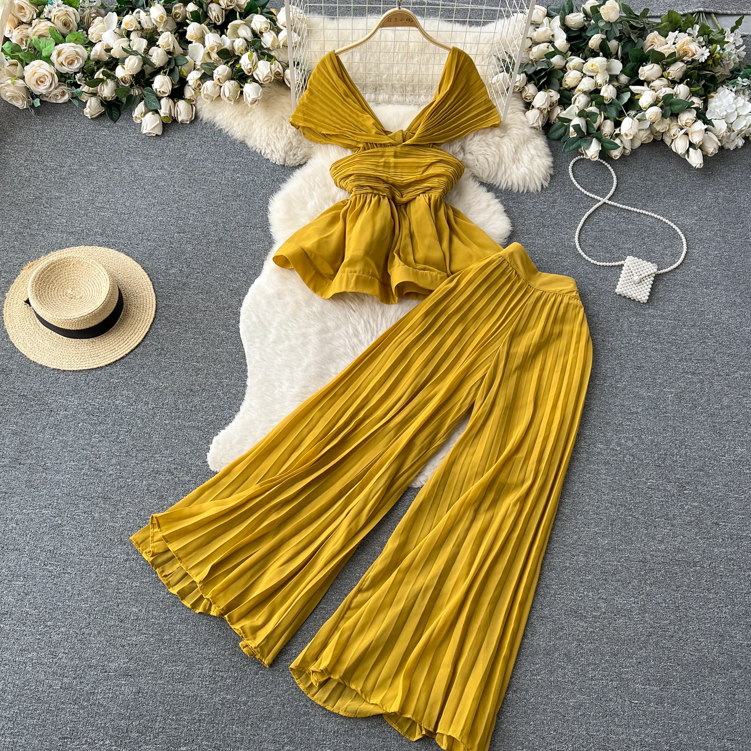 Elegant Women's Fashion Set Chiffon Top Wide-Leg Pants