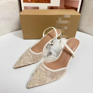 QuiteS Za 2026 New Temperament Stiletto Heels Pointy Toe Slipper Embroidered Beaded Lace Mesh Sandals Designer Shoes Woman