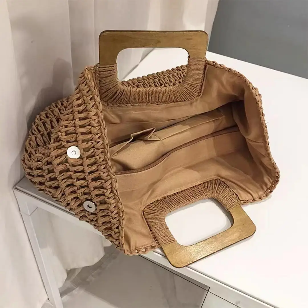 Hot Sale Natural Popular Crochet Handmade Paper Straw Beach Handbag Lady Fashion Bag With Wood Handle
