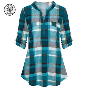 Women's 3/4 Sleeve Floral Tunic Blouse Plaid Casual Satin Silk Chiffon Poplin Linen Tops Office Formal Silk Screen Printed