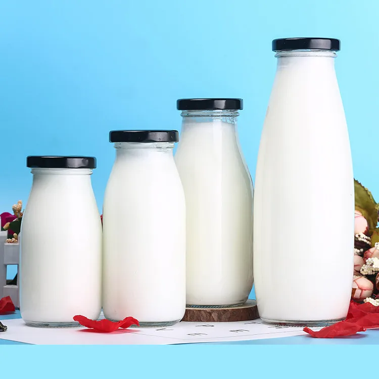 Customized 200ml 250ml 500ml 1000ml clear Round Glass Milk Bottle With Metal Cap
