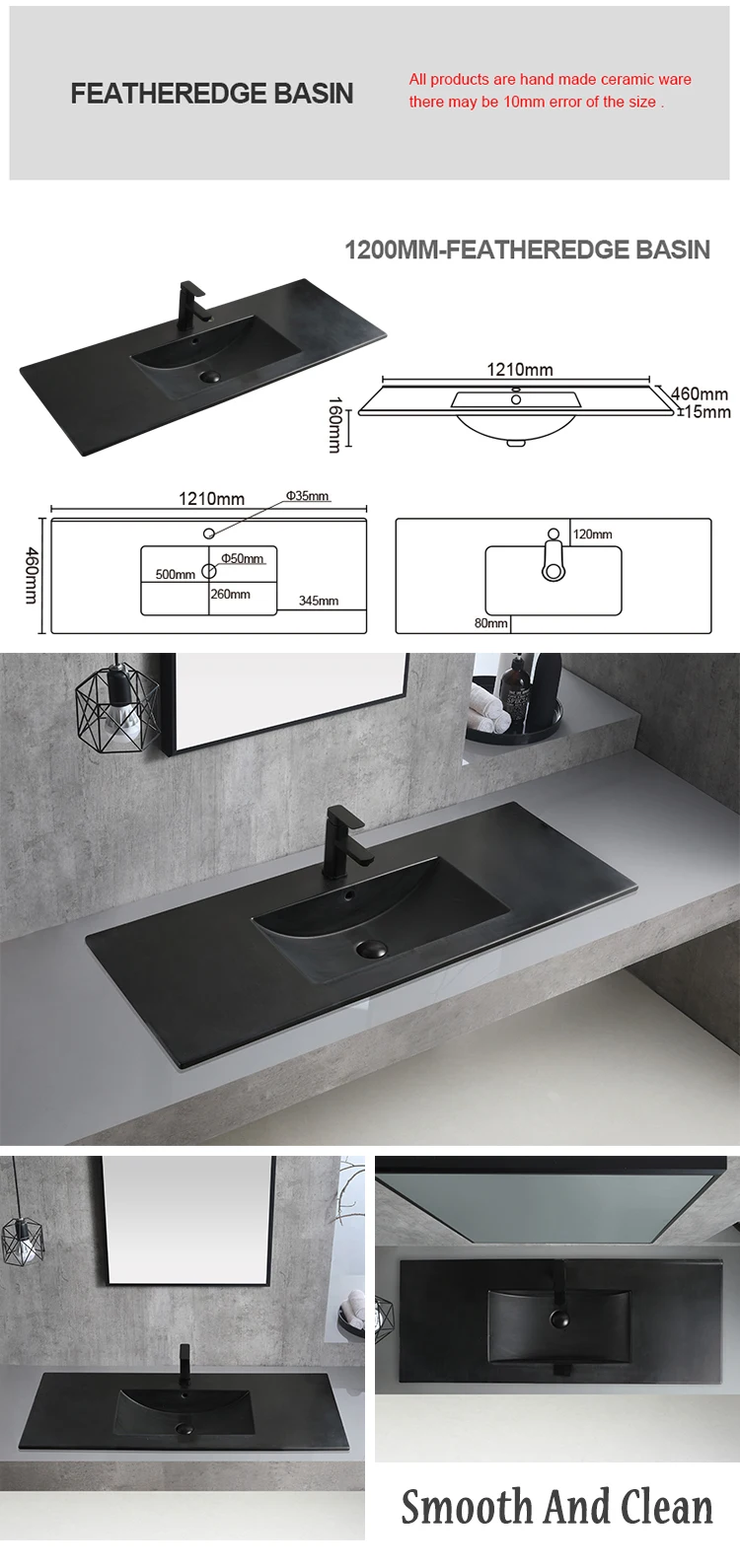 Luxury Matte Black Bathroom Vanity Sink One Piece Thin Edge Ceramic