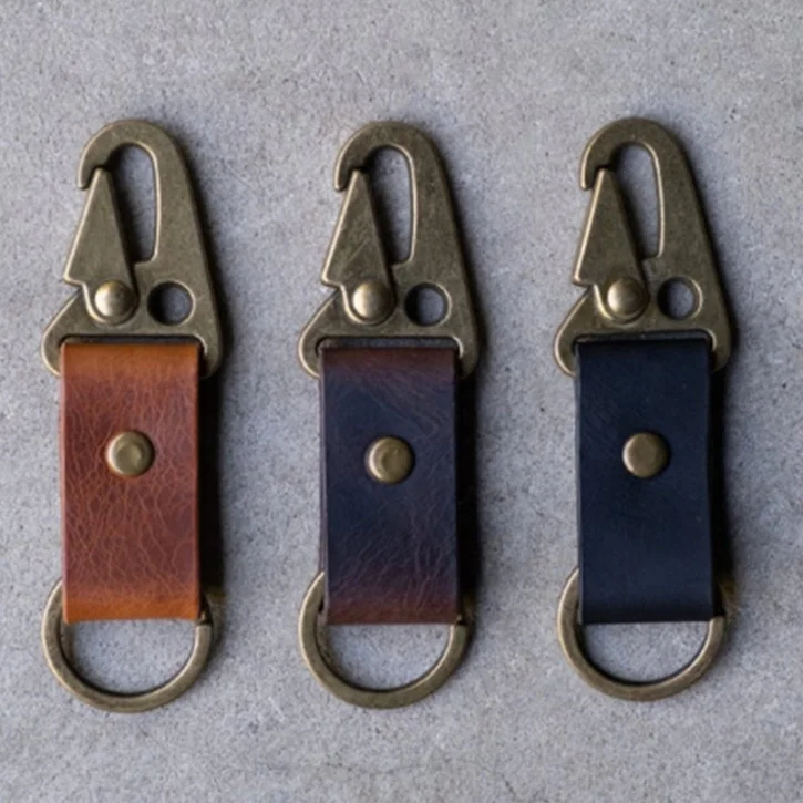 Customizable Vintage Keyring Chain Loop Genuine Leather Car Key Ring Hook Outdoor Tactical EDC Clip Keychains Belt Key Holder