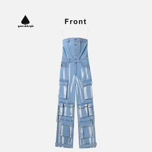 New Fashion Women's Jeans Casual High Waist Zipper Pocket Workout Denim Rompers Casual Denim Jeans Cargo Jumpsuits for Women