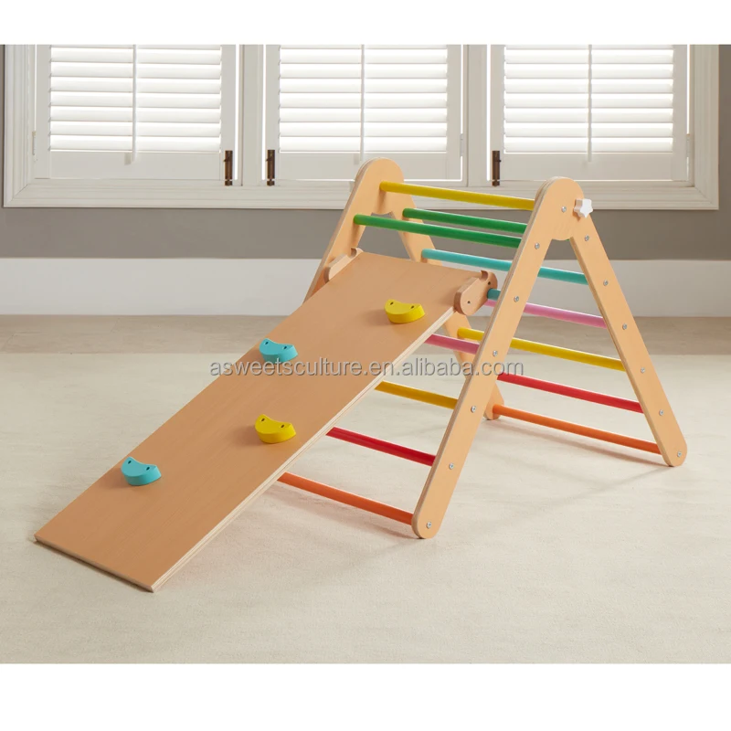 Asweets Montessori Color Wooden Climbing Triangle with Ramp Transformable Folding Indoor Gym Playground Climber Frame for Kid