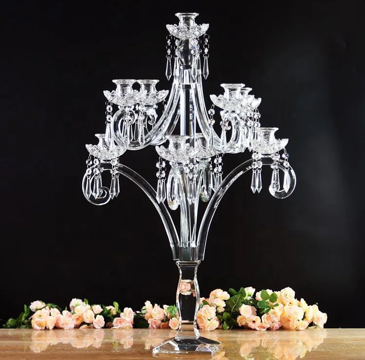 Portavelas de cristal transparente de 9 brazos para decoración de hogar, boda y centro de escritorio nuevo