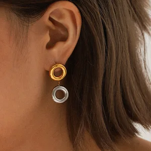 MW Geometric 18K PVD Gold Plated Stainless Steel Metal Style Drop Pendant Earring Women Double Hoops Pendant Earring