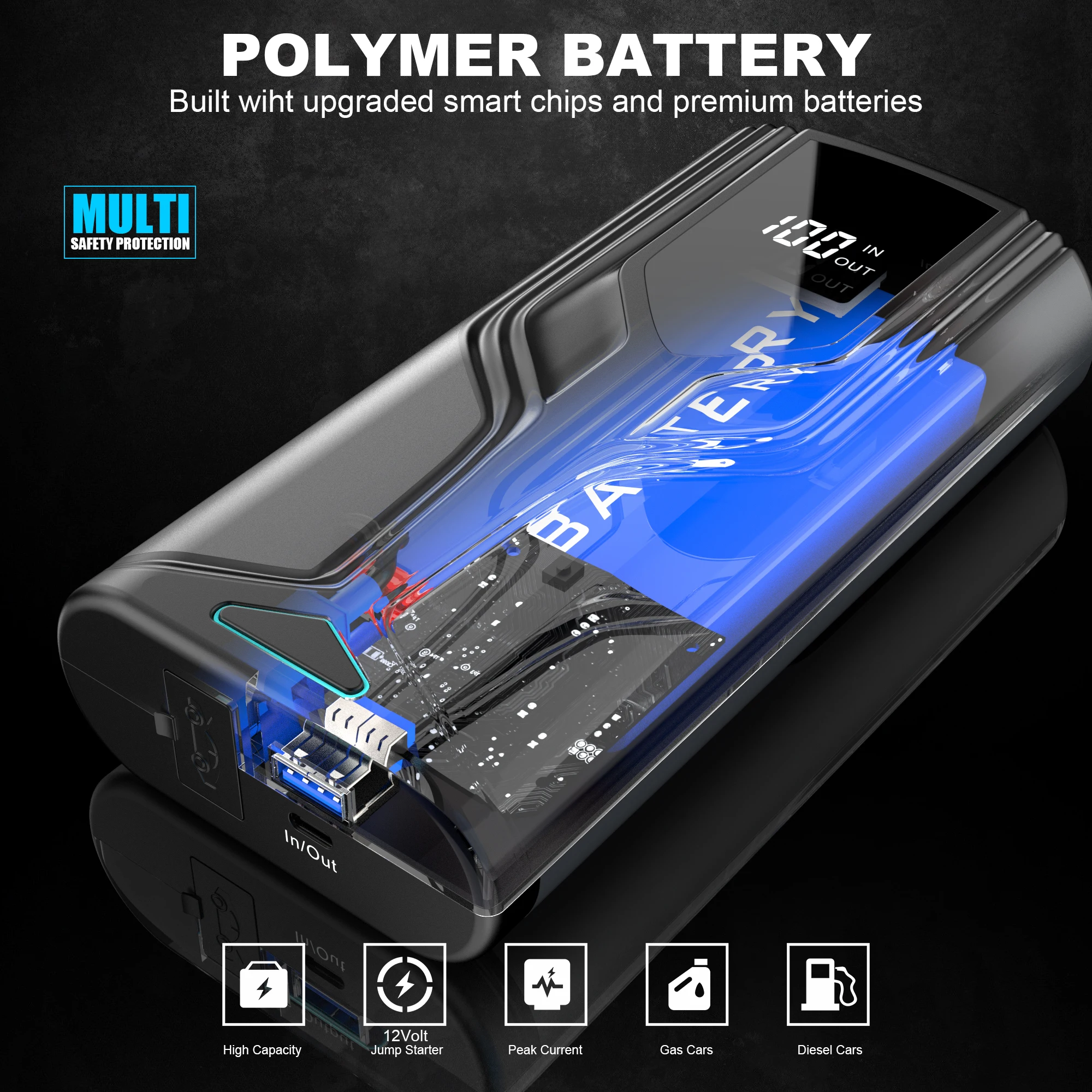 High Performance 12V Car Jump Starter Power Pack Digital Display SOS Light Power Bank for Motorcycle Truck Cold Weather Quick
