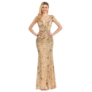 Fashion Women's Evening Dress Sequined Elegant Slim Fishtail Party Dress Champagne Short Sleeve Sexy V-neck Banquet Dress