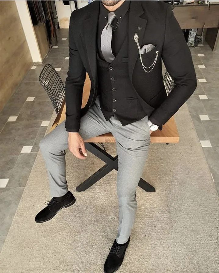 Casual Black Jacket Grey Pant Men Suits Wedding Tuxedos Groom Business  Party Prom Best Men Blazer Masculino Slim Fit 2 Pieces  Suits  AliExpress