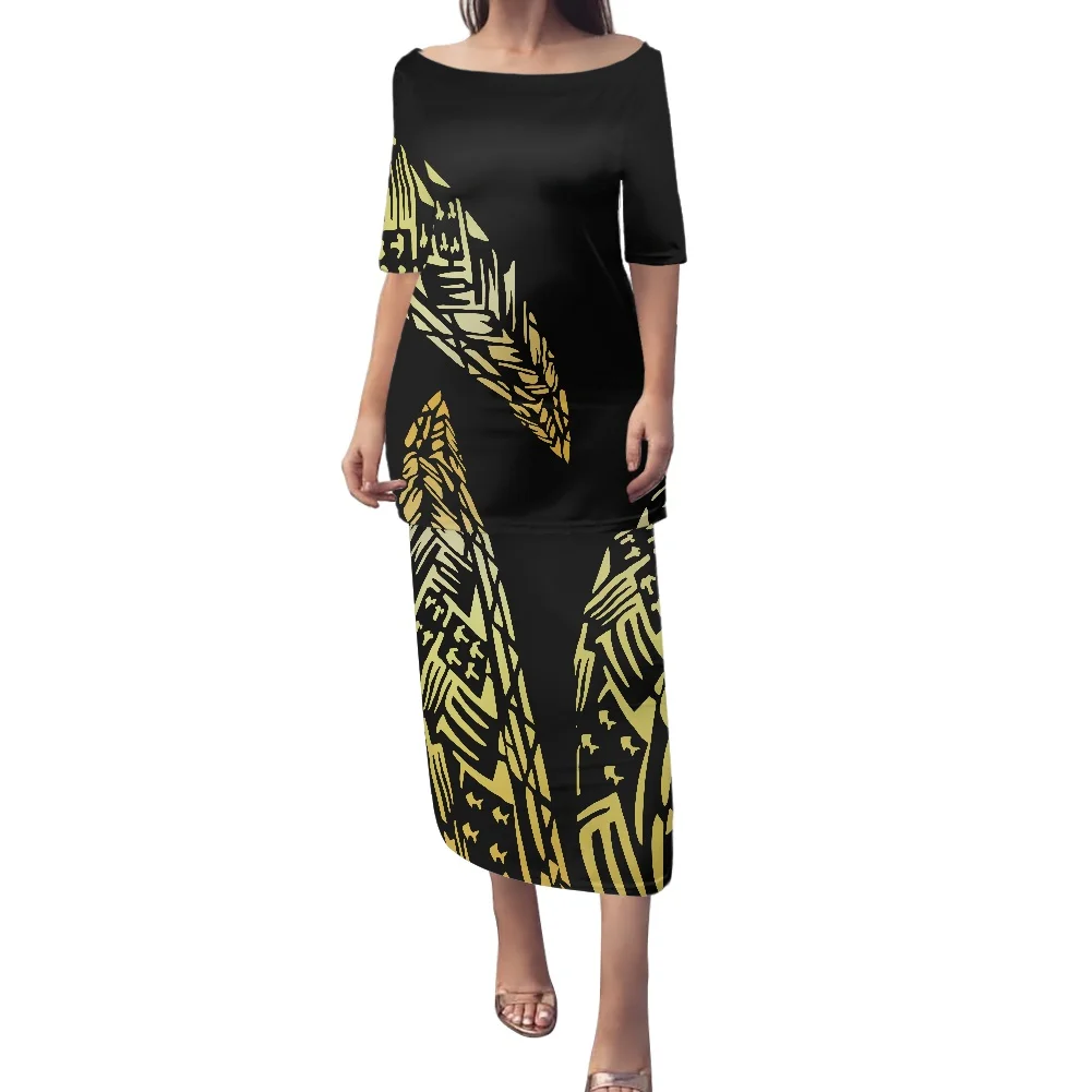 Polynesian Puletasi Dress Set – Plus Size Off-Shoulder Top & Long Skirt, Samoan Traditional Floral Print