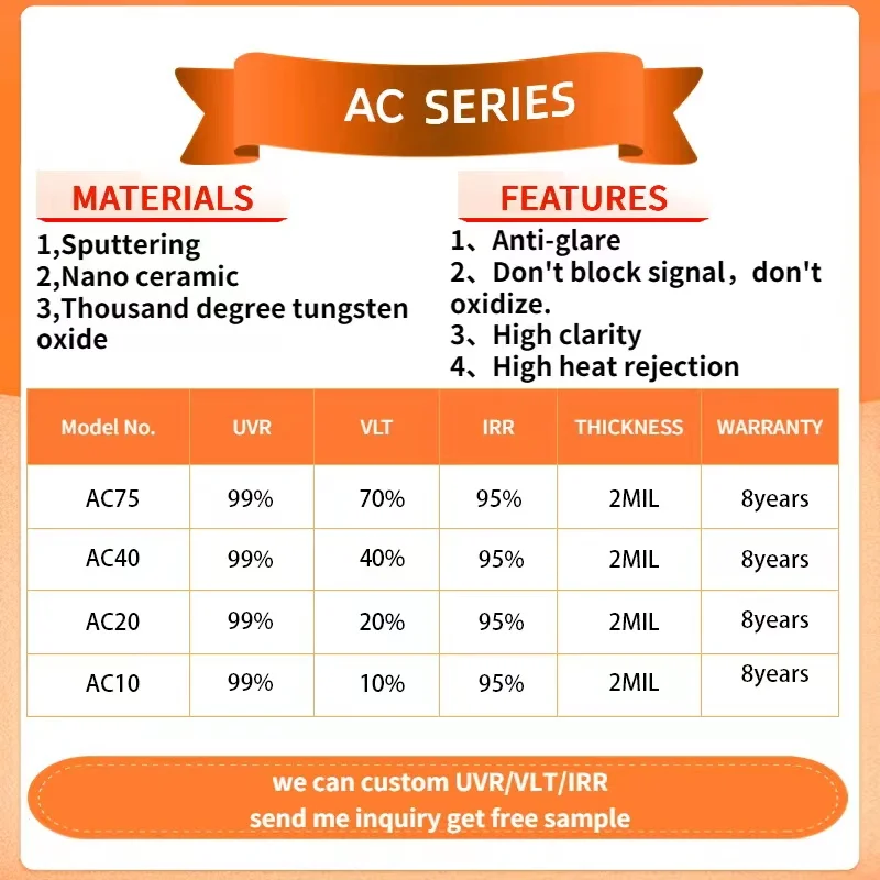 AC VLT 85% Sun Control 2mil Nano Ceramic Tint Clean the air Negative Ion Film Carbon Insulfilm Car Window Tinting Film