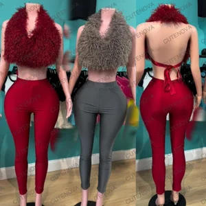 Viviblook C25ST141 New Outfits Sexy Fur Collar Set Halter Lace up Backless Strap Crop Top  Tight Pants 2 Piece Set for Women