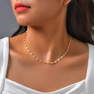 Ins Style Clavicle Chain Imitation Pearl Oval Necklace Women's Copper Gold-plated Clavicle Chain Necklace