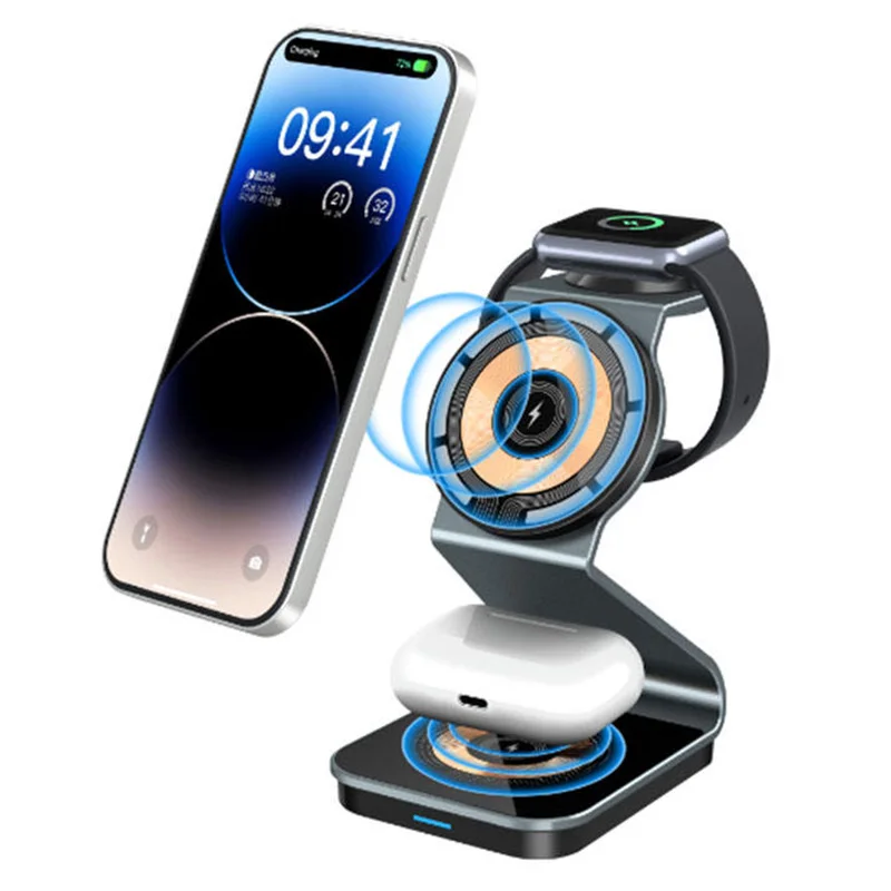 OEM 3 in 1 Wireless Charging Station Fast 15W 3 in 1 Wireless Charger Stand Aluminum Alloy
