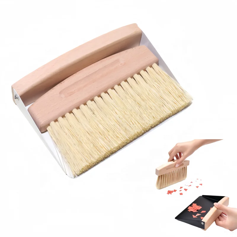 Custom Eco-Friendly Small Beechwood Broom & Dustpan Set with Natural Sisal Brush for Cleaning Coffee Grounds Dirty Desktop